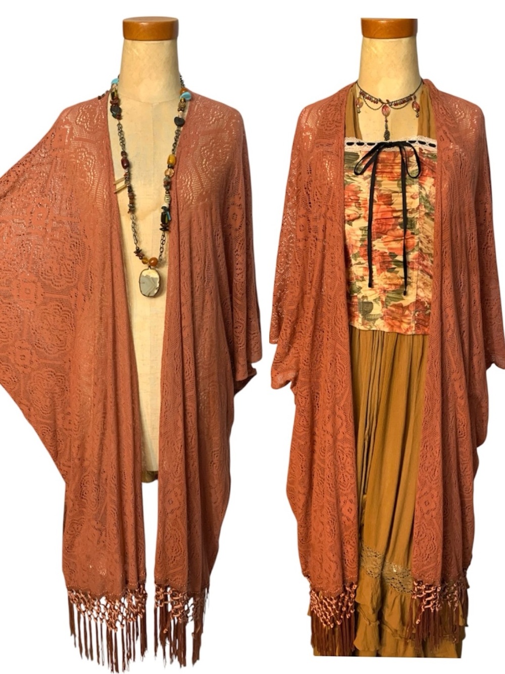 NWT Boho Open-Front Crochet Fringe Kimono Shrug in Rusty Terracotta- OSFM
